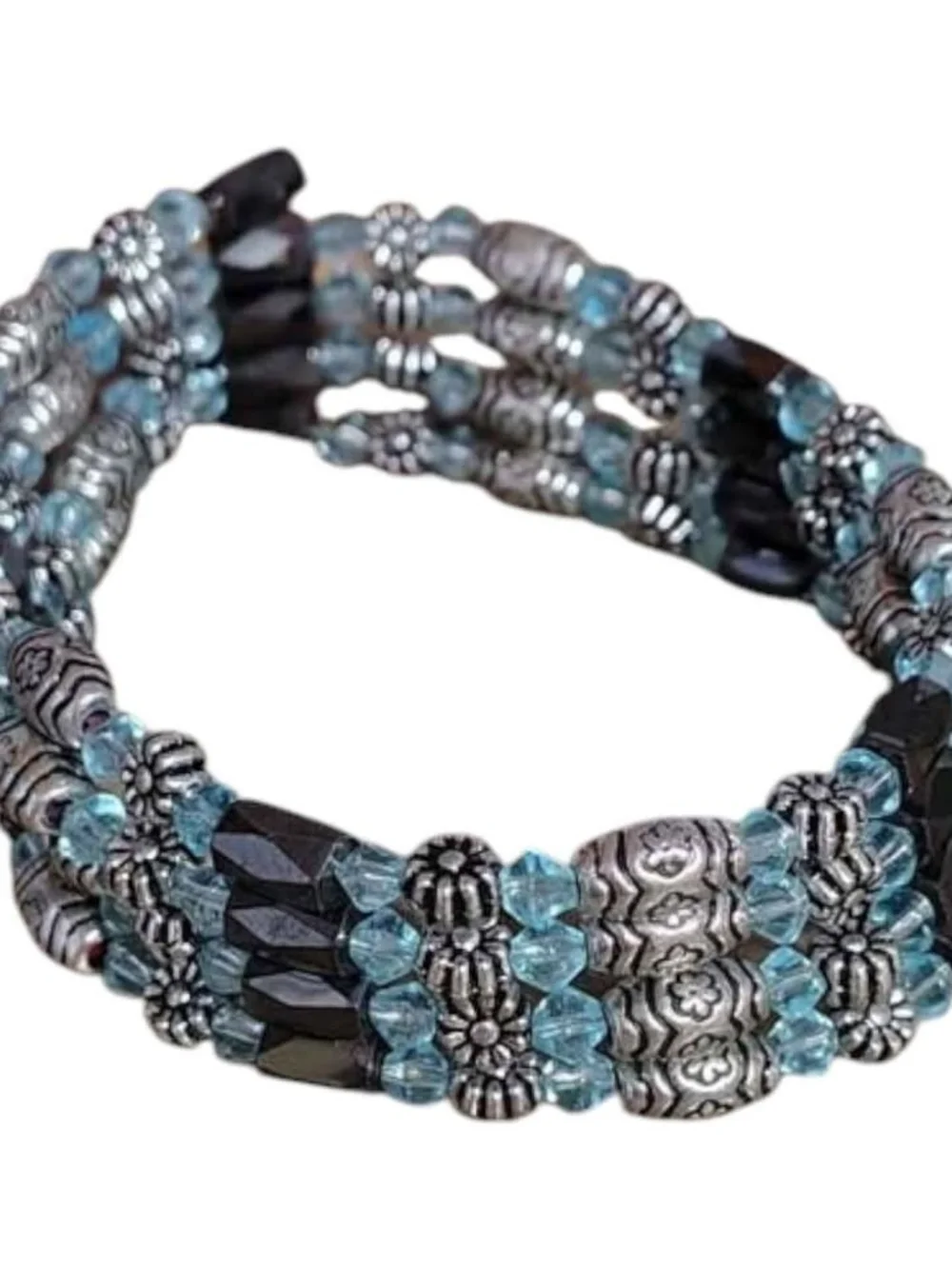 Multi-Strand Blue and Silver Beaded Stretch Bracelet
